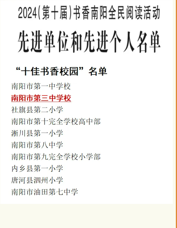 南阳市第三中学被评为"十佳书香校园"