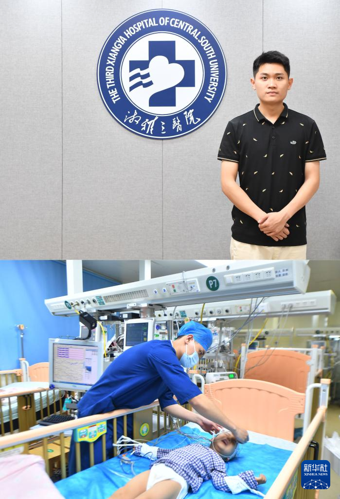   这是一张拼版照片：上图为刘颖哲肖像（2024年5月9日摄）；下图为2024年5月9日，刘颖哲在儿科监护室护理患儿。