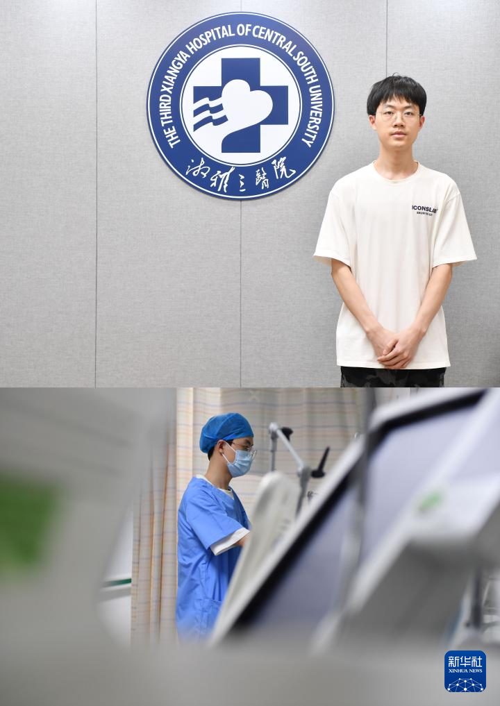   这是一张拼版照片：上图为张涛肖像（2024年5月11日摄）；下图为2024年5月11日，张涛在急诊科准备治疗仪。