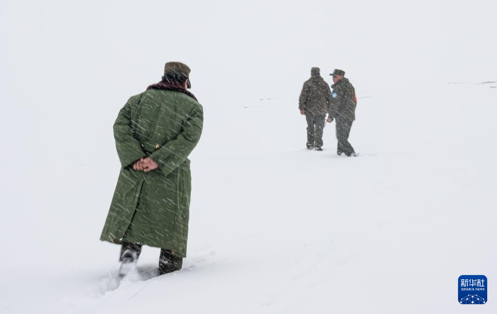 野生动物专业管护队员在大雪中徒步确认路况（5月8日摄）。新华社记者 丁增尼达 摄