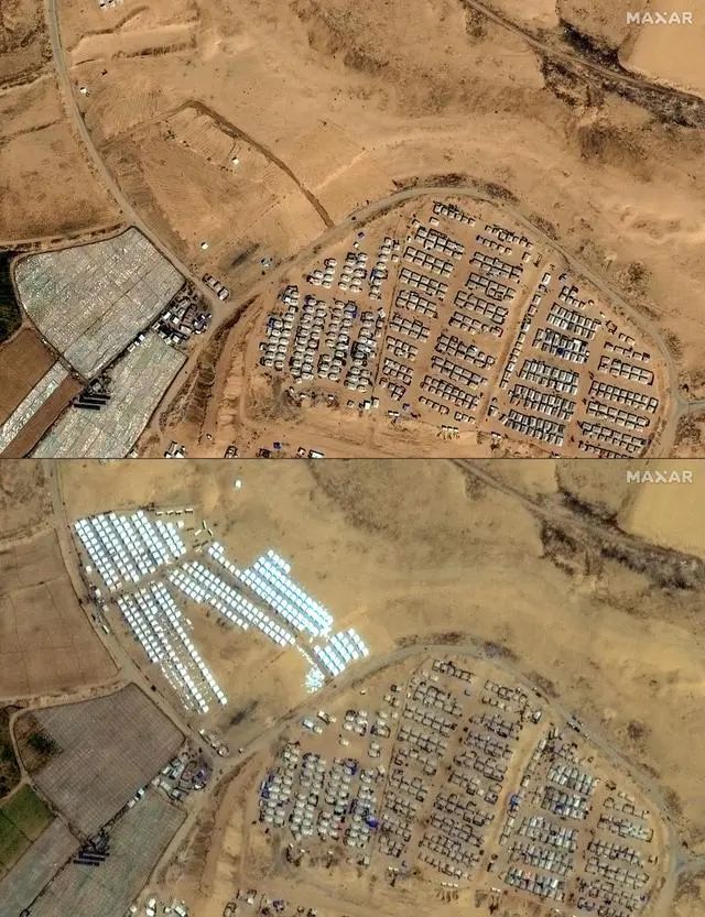 卫星图像显示在加沙地带南部拉法地区，流离失所者帐篷营地数量增加。