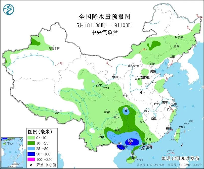 图2 全国降水量预报图(5月18日08时-19日08时)