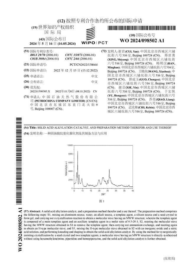 中国石油公布国际专利申请：“一种固体酸烷基化催化剂及其制备方法与应用”