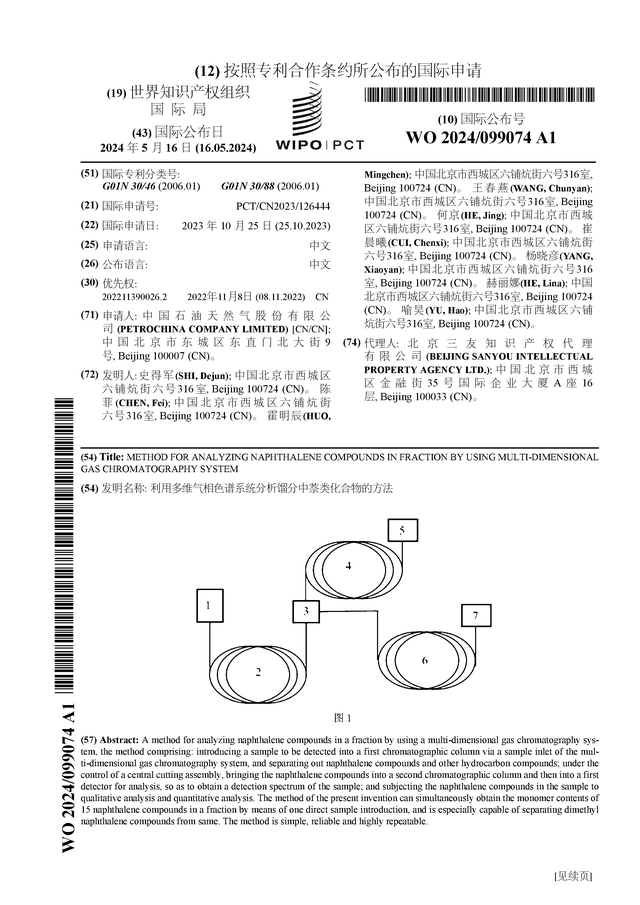 中国石油公布国际专利申请：“利用多维气相色谱系统分析馏分中萘类化合物的方法”