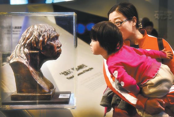 时空对望  在周口店北京人遗址博物馆,小朋友与博物馆内展出的"北京