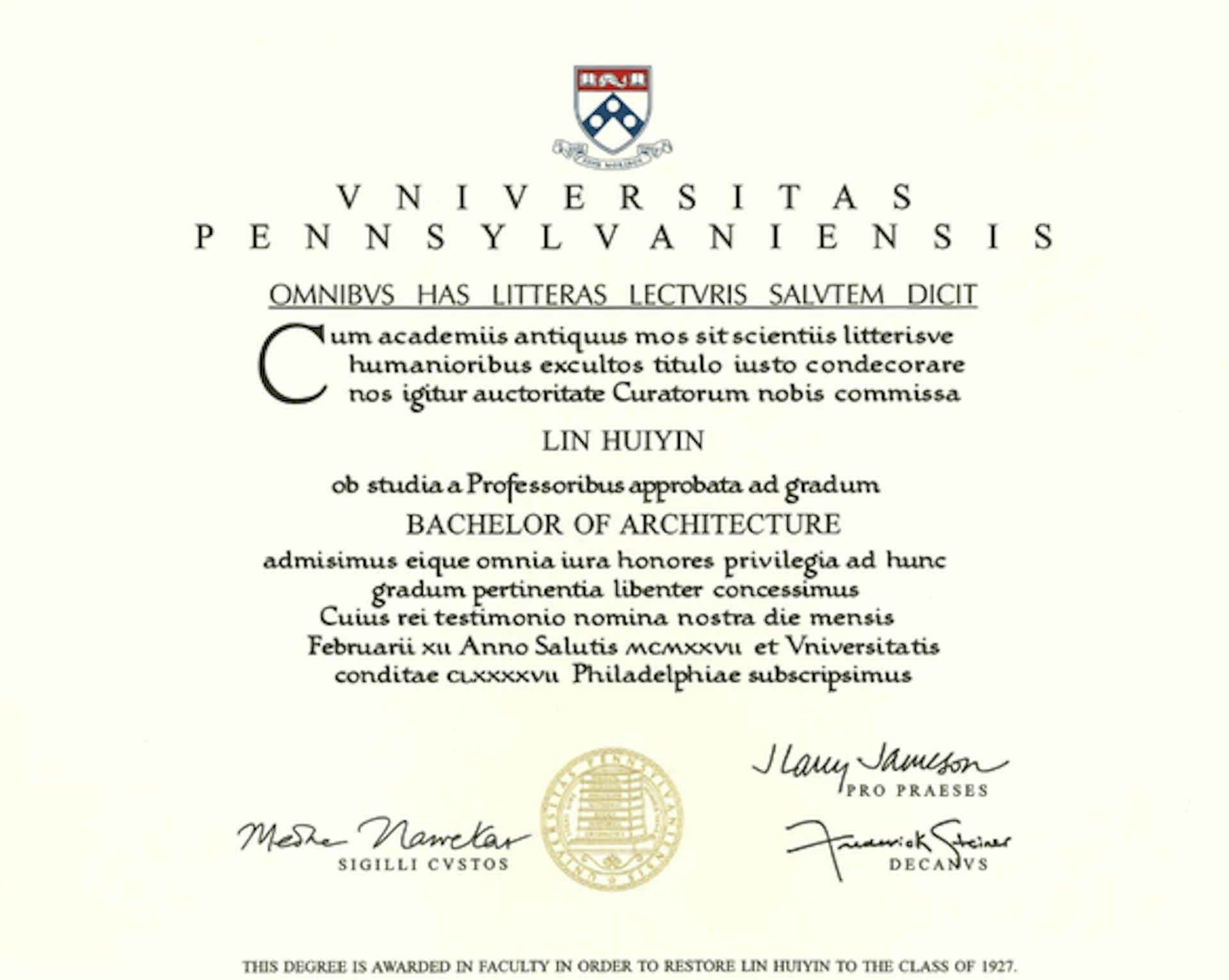 宾大正式向林徽因颁发建筑学学士学位,以表彰她作为中国现代建筑先驱