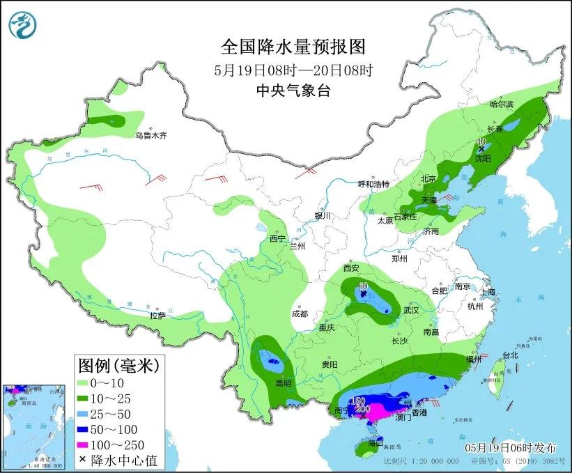 图2 天下降水量预告图（5月19日08时-20日08时）