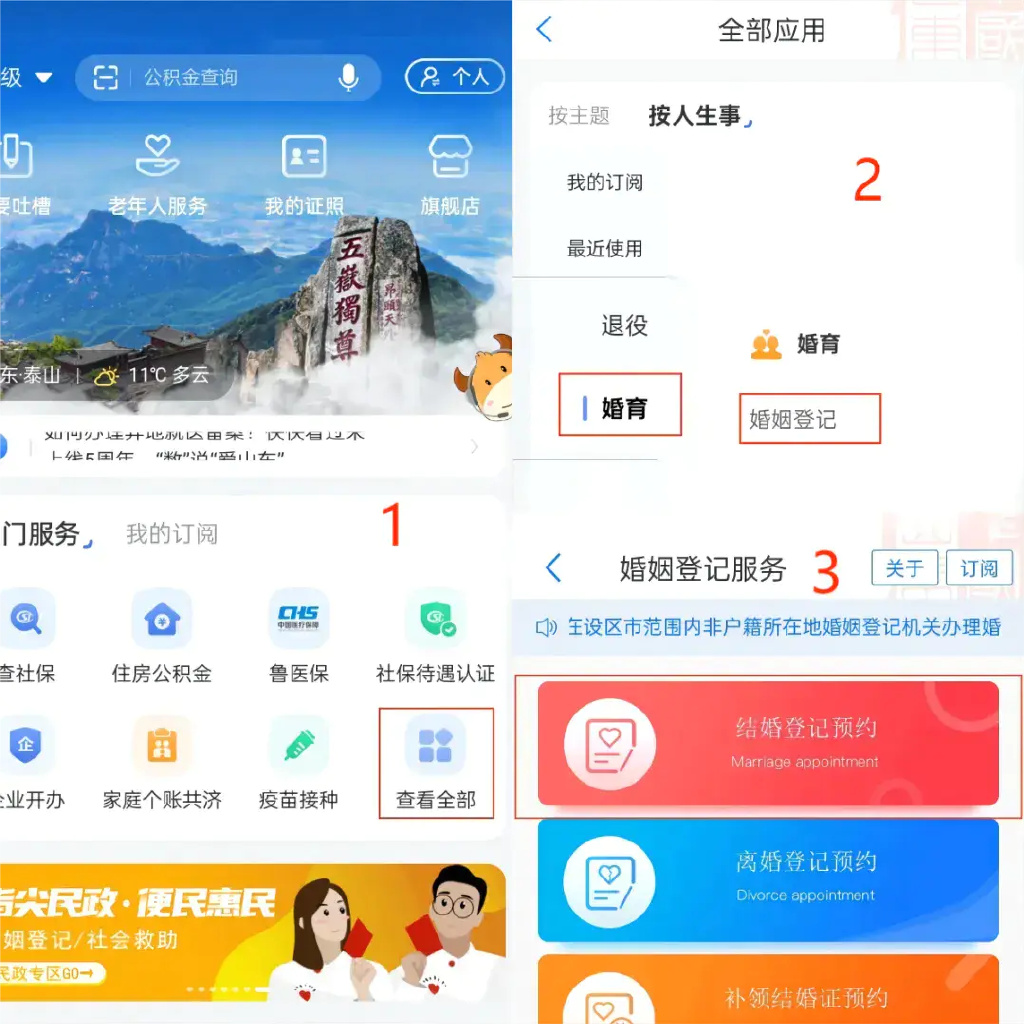 结婚登记预约,按照提示填写男女双方信息—上传电子证件照—巡回登记