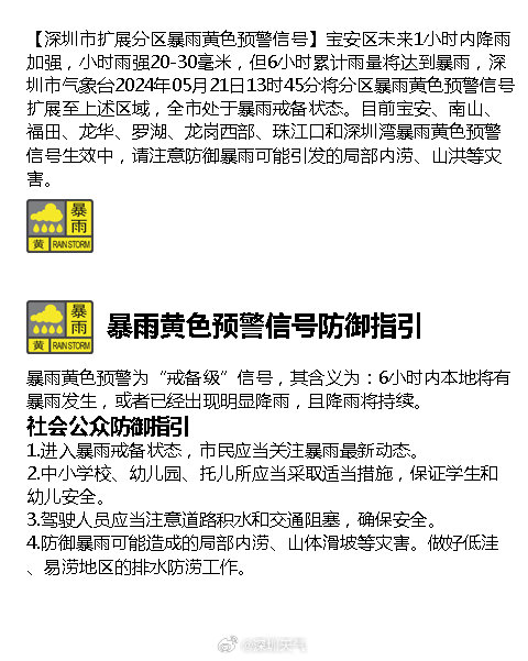 深圳市扩展分区暴雨黄色预警信号