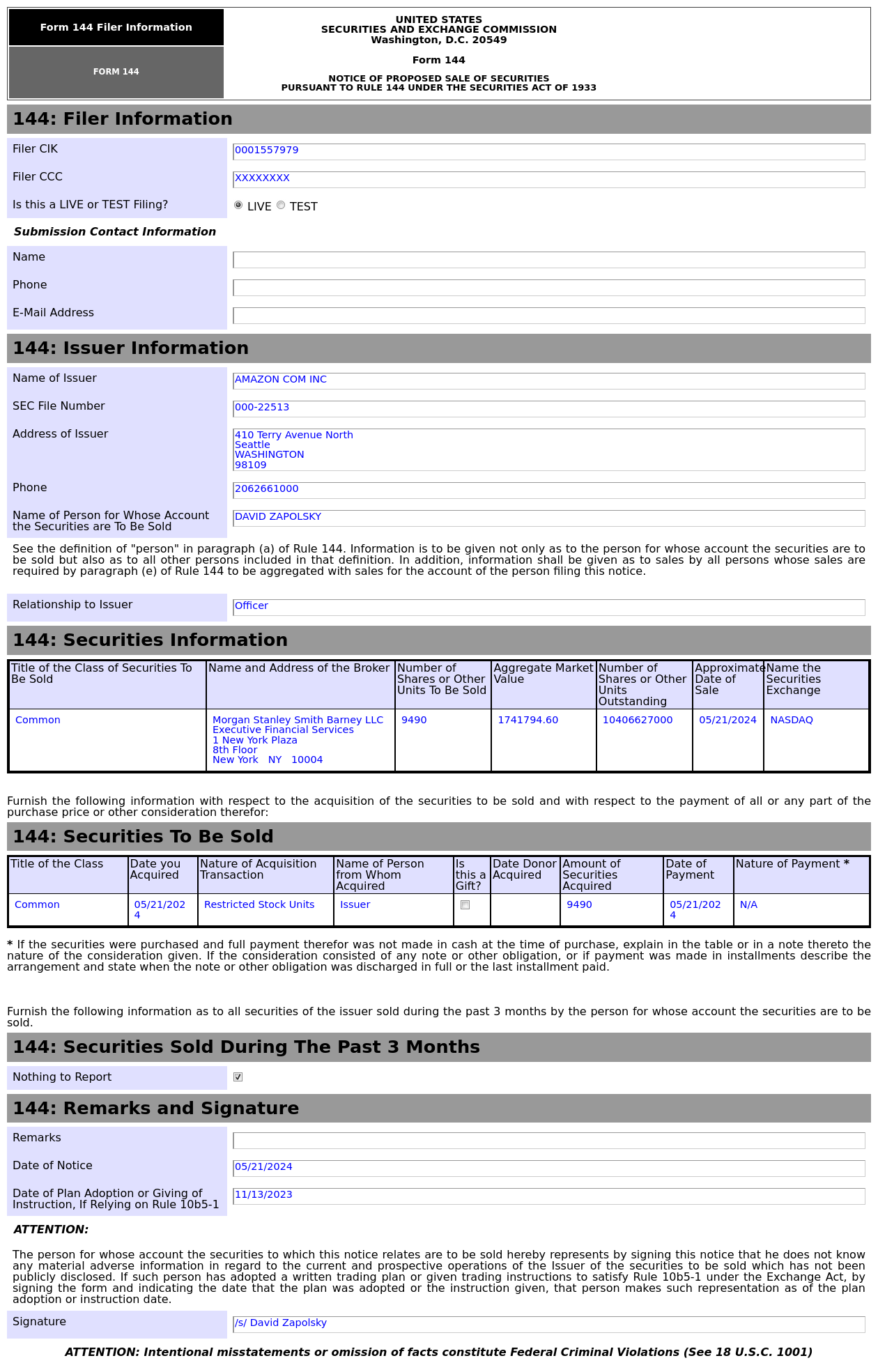 Form 144 | 亚马逊(AMZN.US)高管拟出售9,490股股份，价值约174.18万美元|股票_新浪财经_新浪网