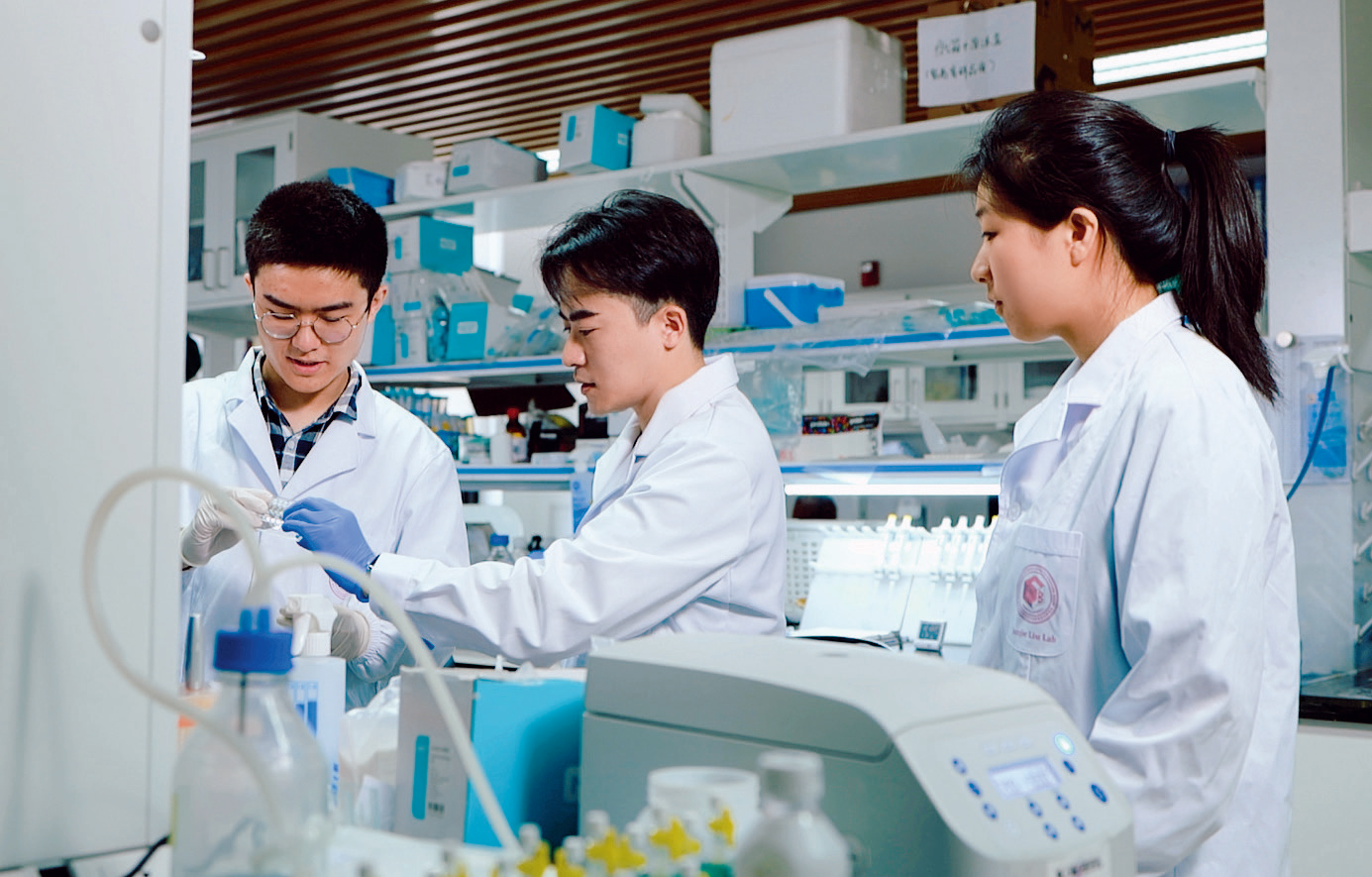 清华大学生命科学学院副教授刘俊杰(中)指导学生进行实验操作(2024 年