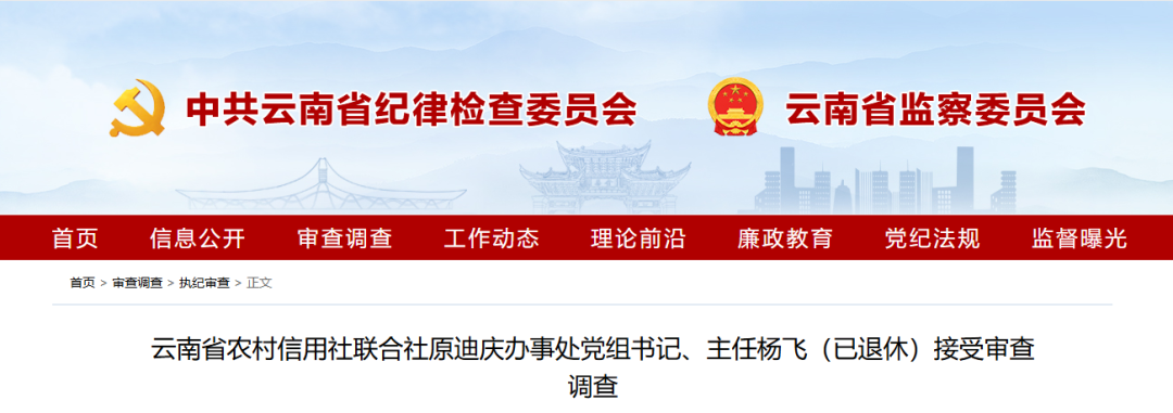云南省农村信用社联合社原迪庆办事处党组书记,主任杨飞(已退休)涉嫌