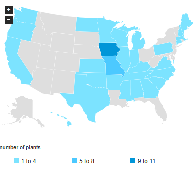 图5:截至到2023年美国生物柴油和可再生柴油工厂投产分布(个)从2022年