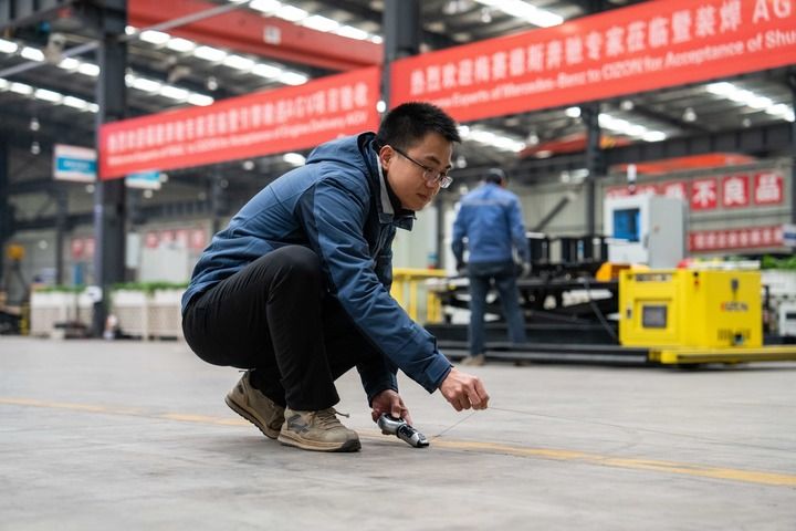 湖南驰众机器人有限公司工程师在演示使用墨斗画线.