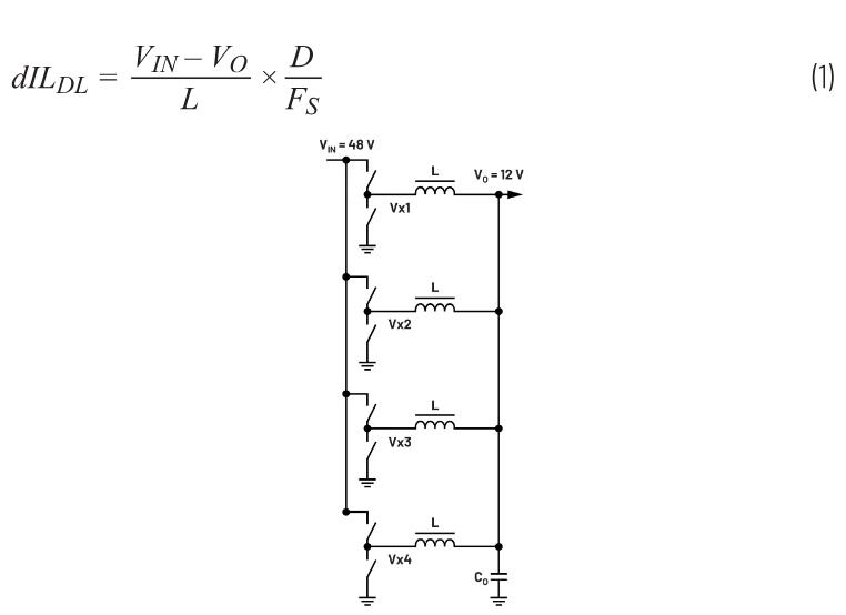 图1. 使用分立电感的四相降压转换器。