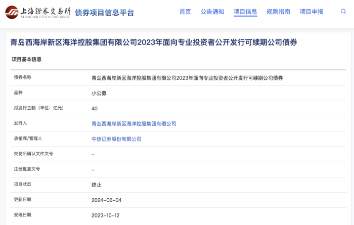青岛海控集团40亿元小公募债项目状态更新为"终止"|人民币_新浪财经