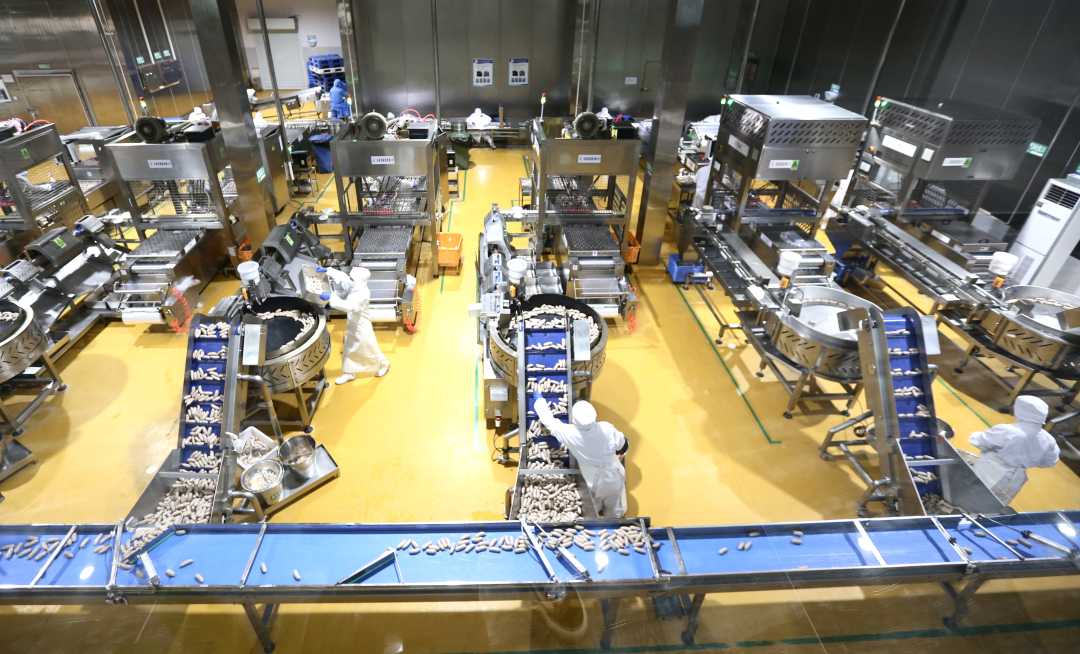 焦作市成汇食品有限公司自动化生产车间内,工人们正在流水线上作业.