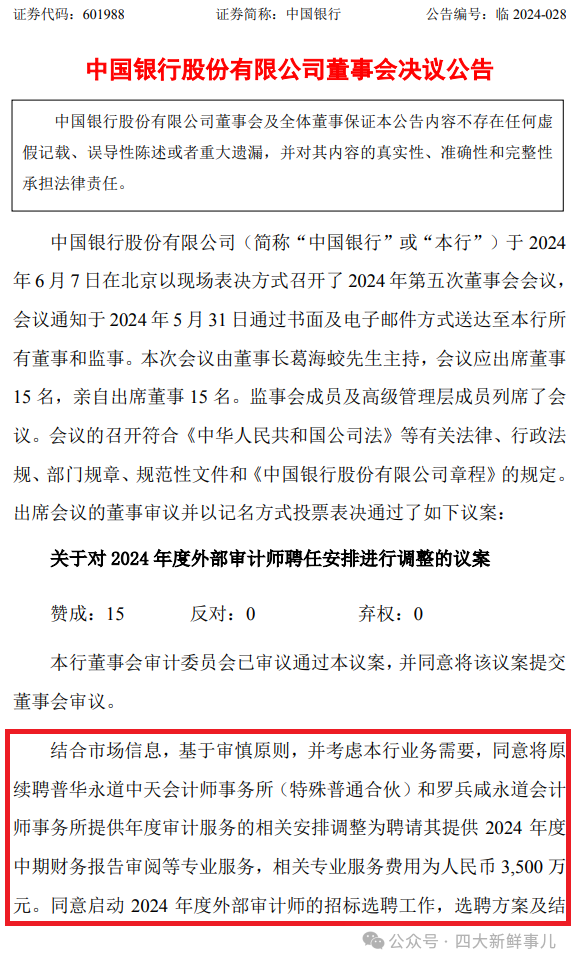中国银行续聘普华永道提供中期审阅并启动选聘2024年度审计师!