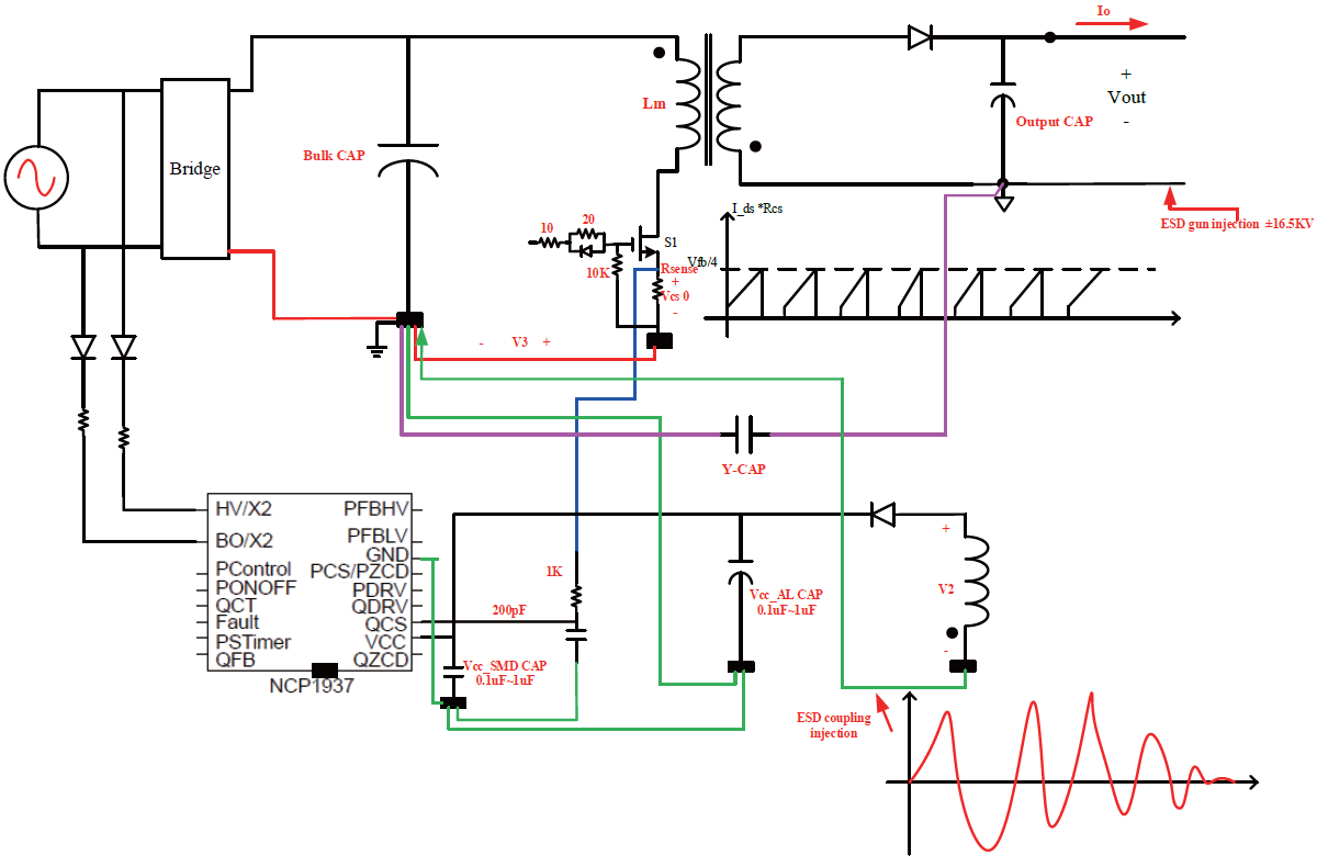 图6 优化后，辅助电源绕组的GND连接到PFC bulk电容的负端