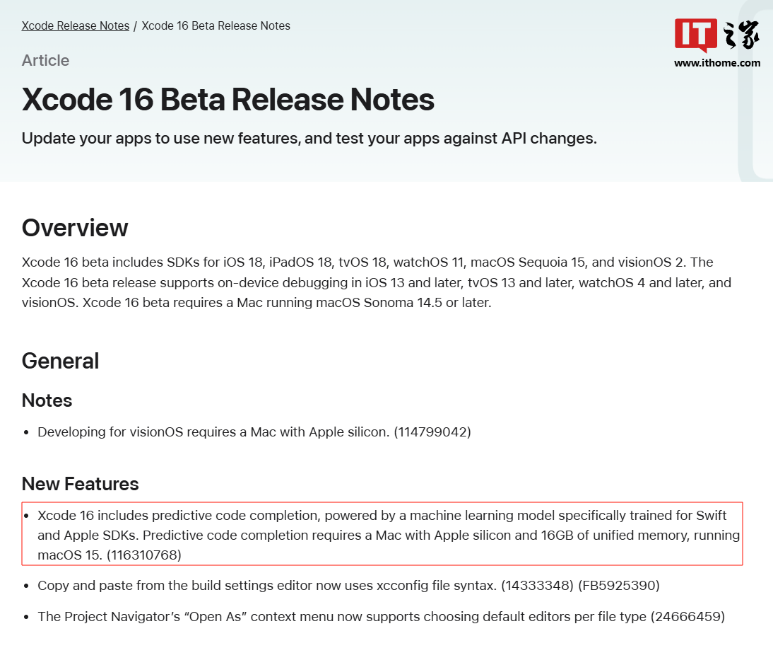 苹果 Xcode 16 首个 Beta 版发布，AI 代码补全最少需 16GB 内存_新浪科技_新浪网