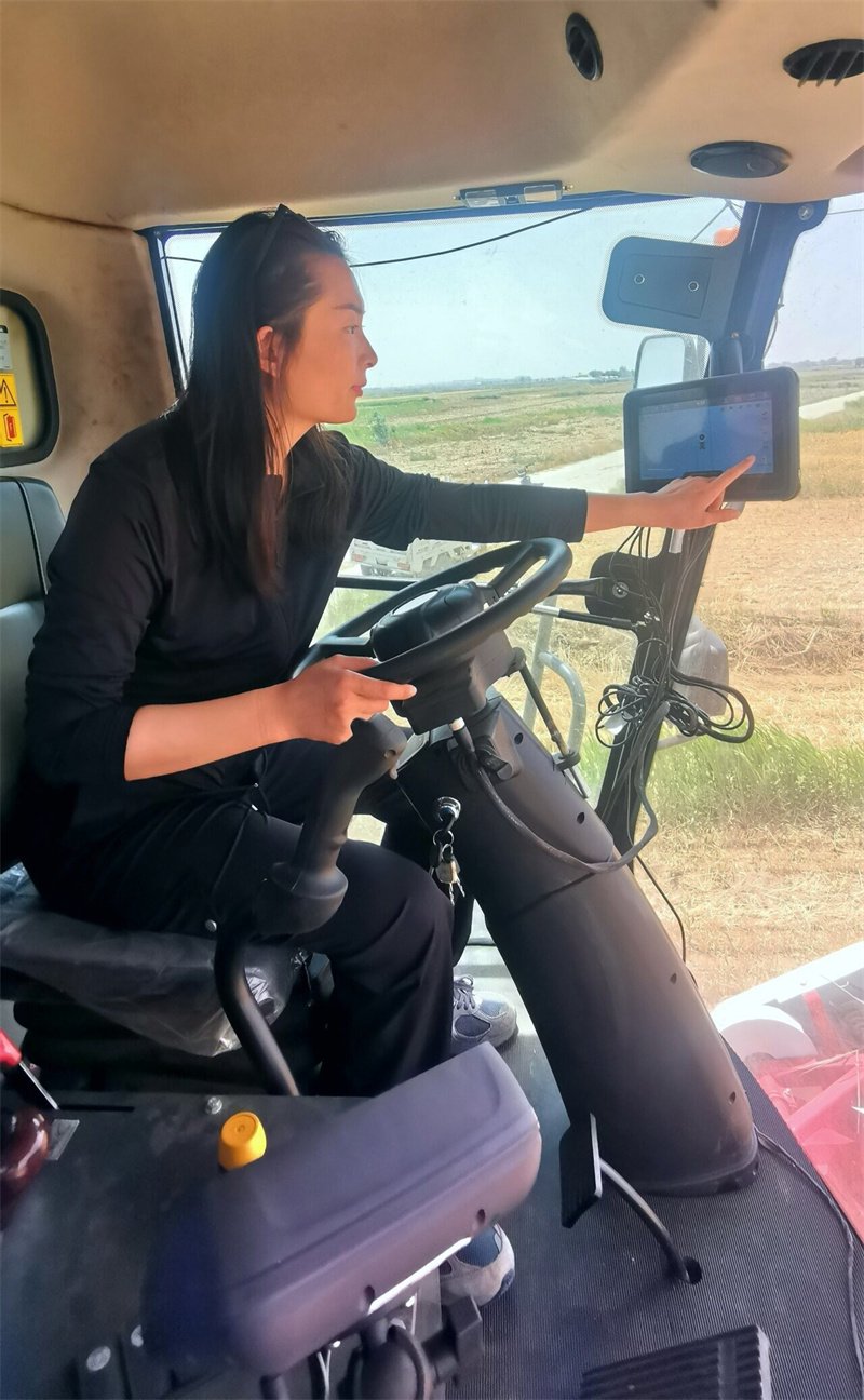 在沧县兴济镇宋官屯村麦田,"北斗女孩"张宸在自动驾驶收割机驾驶室