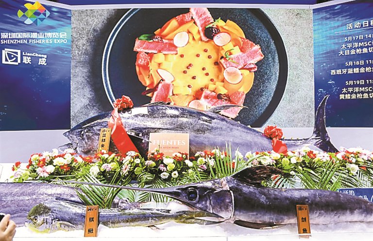日前，联成渔业和华南渔业在深圳国际渔业博览会上，为消费者带来了MSC认证金枪鱼切鱼秀。