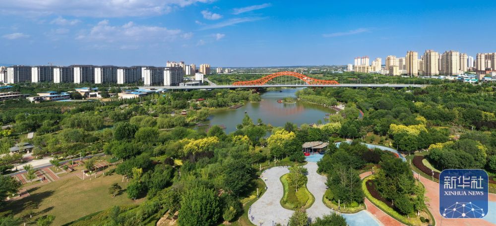 陕西省富平县温泉河湿地公园内绿意盎然(6月21日摄,无人机照片).