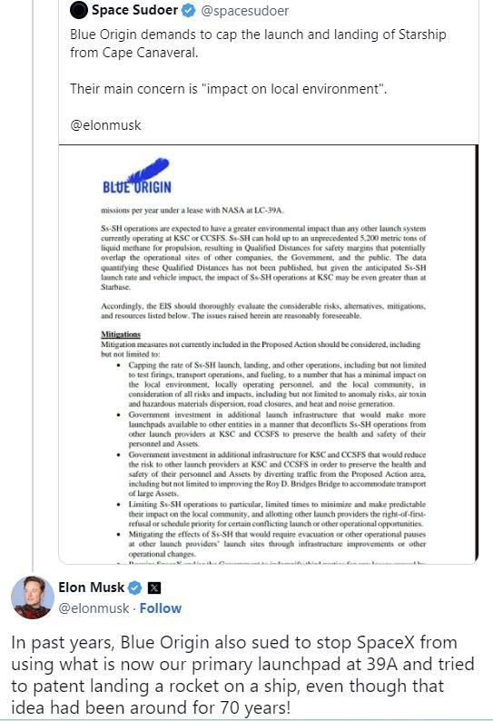 贝索斯蓝色起源投诉spacex火箭发射影响环境 马斯克回