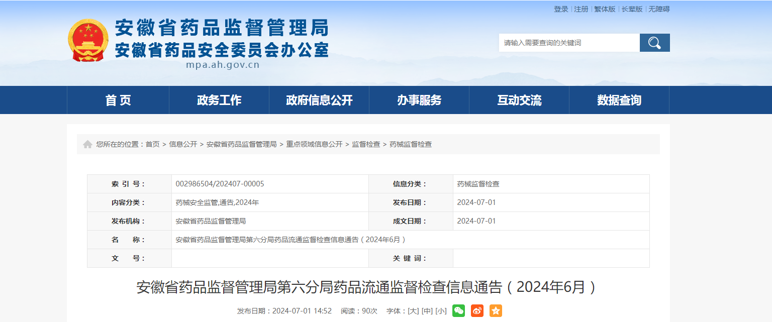 安徽省药品监督管理局第六分局药品流通监督检查信息通告(2024年6月)