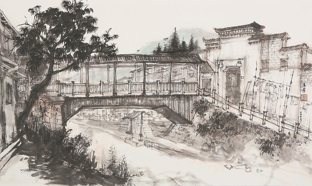 古镇廊桥(中国画)
