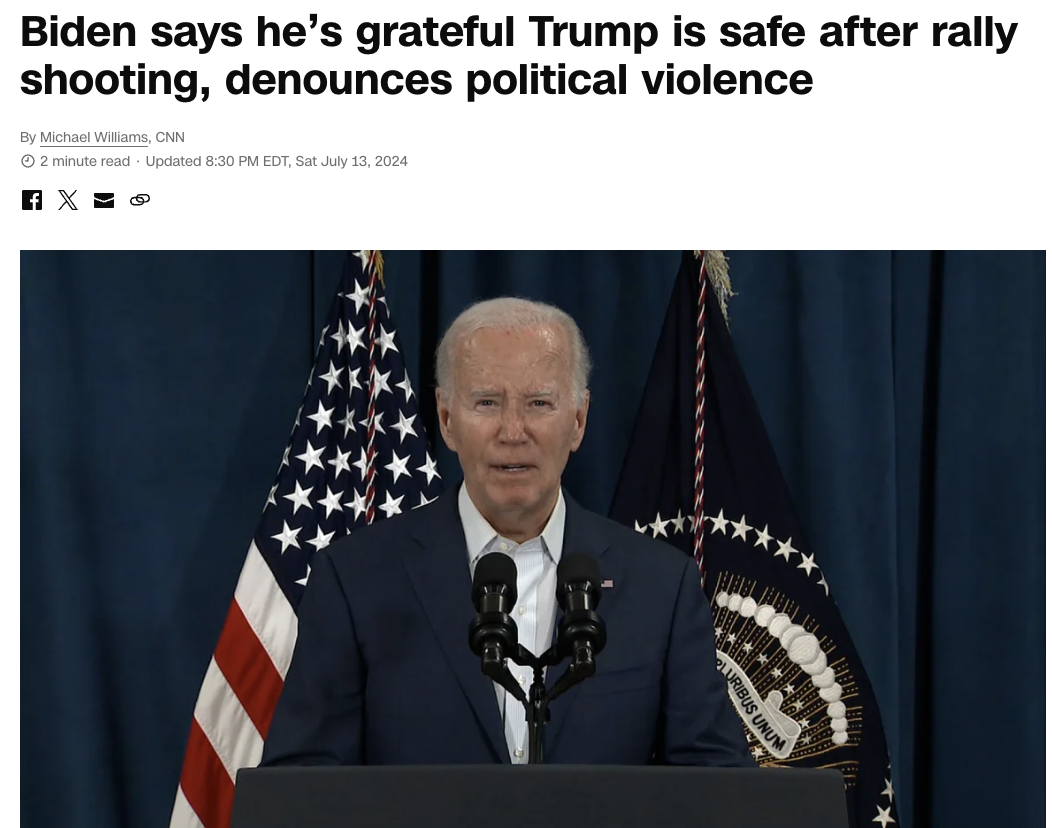 拜登就特朗普集会枪击事件发表全国讲话：美国不应发生这种暴力行为，每个人都应谴责它