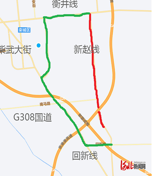 由北向南车辆绕行:衡井线(s392)-柴武大街-308国道文石线—回新线(x