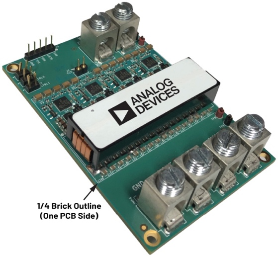 图5 48 V至12 V调节第一级。元件放置在PCB正面的1/4砖轮廓内。将所有~1 mm元件移至底部：1/8砖