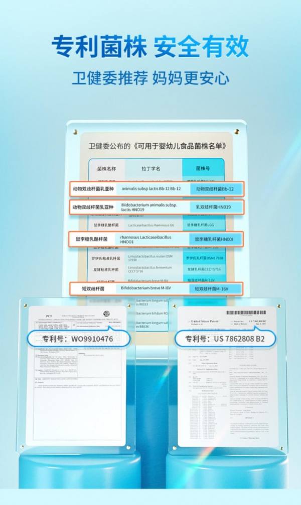 图说：健敏思肠敏益生菌中有4种卫健委认可专门给婴幼儿用的专利菌株