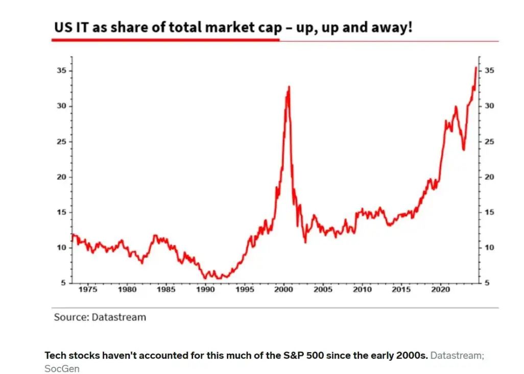 (美国IT股在美股整体市值中占比已经达到历史高点)