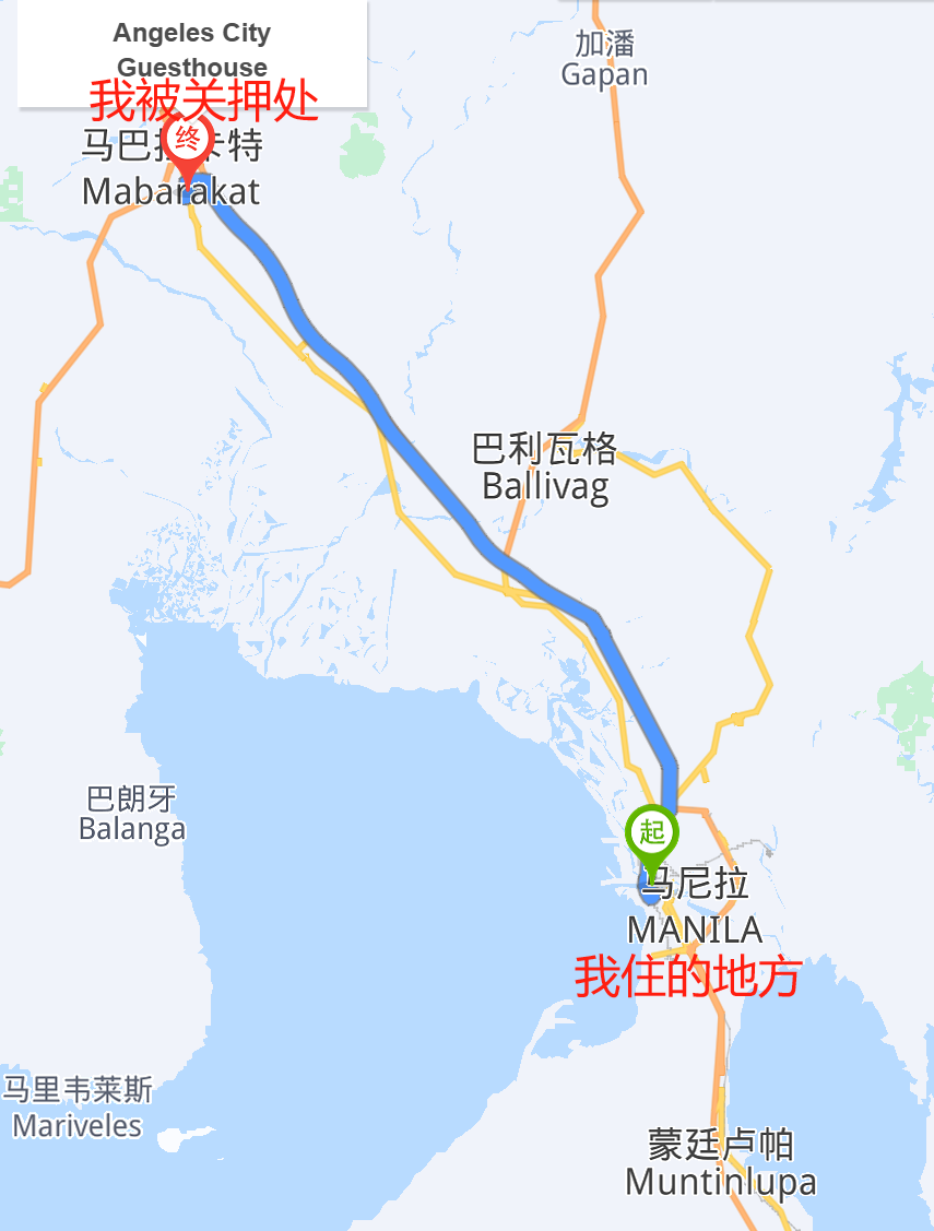 邹峰被拘禁的地方距离马尼拉约100公里 图片来源:百度地图