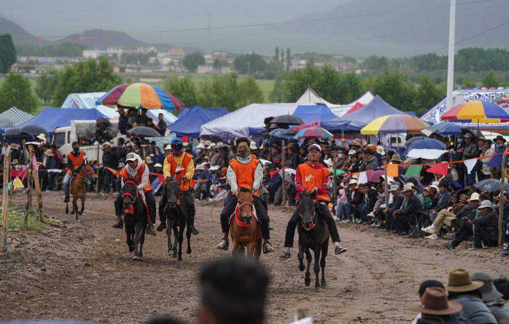 7月23日在拉萨甘旦曲果镇赛马场拍摄的走马比赛