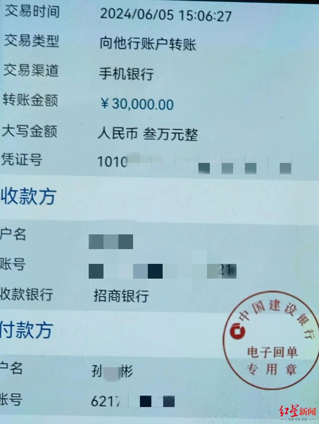 孙某彬支付3万元的转账记录