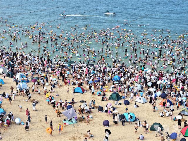 8月3日,大批游客在连云港市连岛景区大沙湾海滨浴场戏水消暑,乐享海边