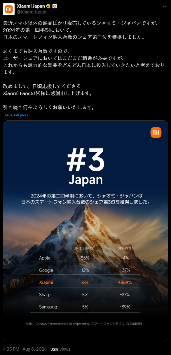 小米手机日本出货量暴涨359%杀入前三!卢伟冰:继续加油