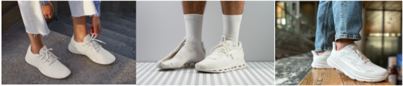 （图：从左至右依次为allbirds-Wool Runners，昂跑-Cloud X，Hoka-Clifton9）