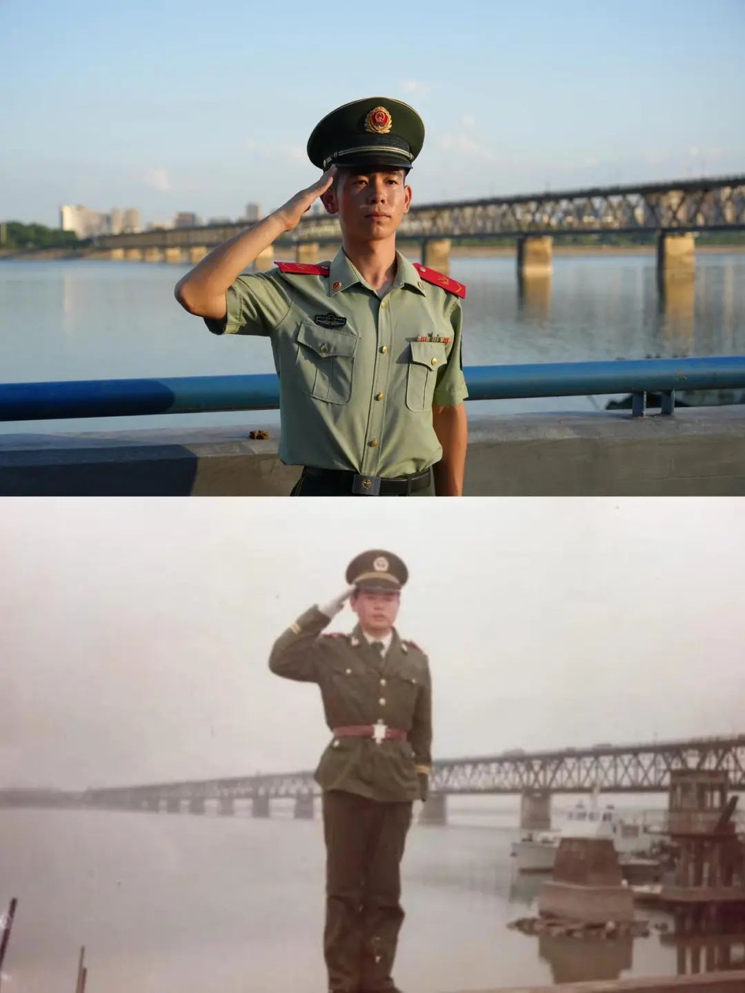 身着夏季常服的叶嘉城举起右手,以钱塘江大桥为背景,留下了一张照片.