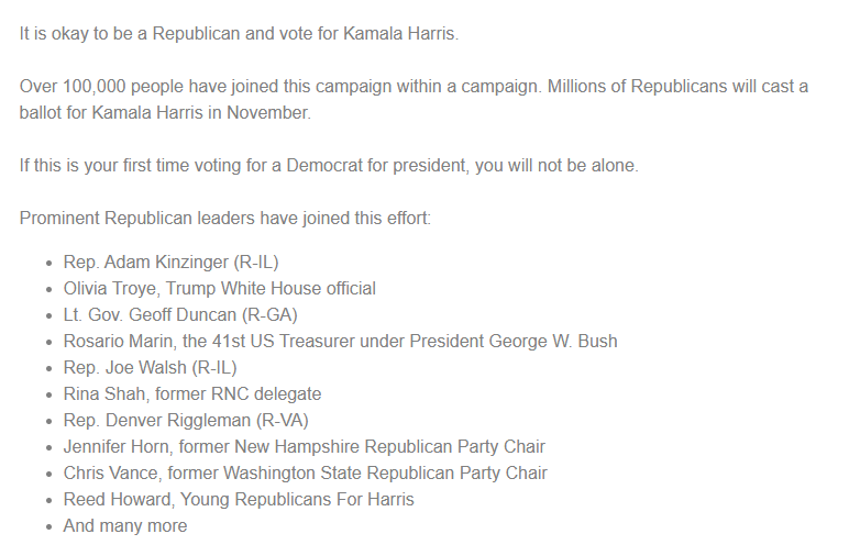 注:Republicans for Harris公布的支持哈里斯的知名共和党人名单