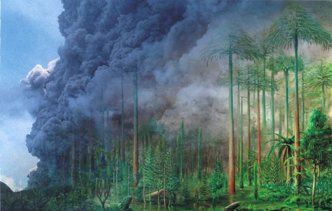 ▲2.98亿年前乌达煤田沼泽森林遭遇火山灰沉降末日瞬间。制图：Stanislav Opluštil