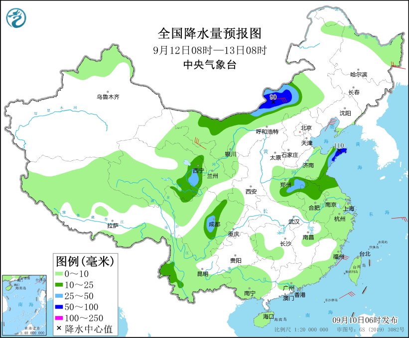 图4 全国降水量预报图（9月12日08时-13日08时）