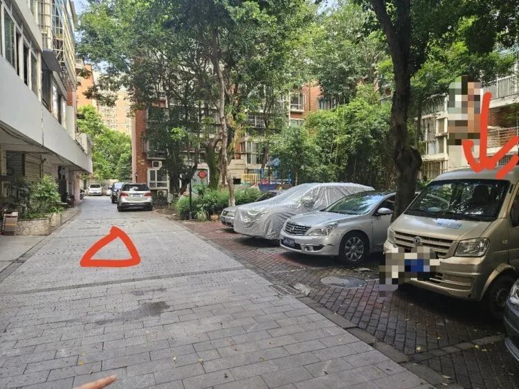 箭头所指为当时张某停车位置，三角形位置为女童所蹲位置。上游新闻记者 沈度 摄