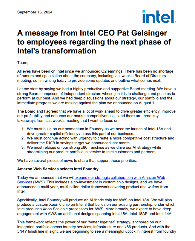 英特尔CEO内部信：40年来最重大转型计划！