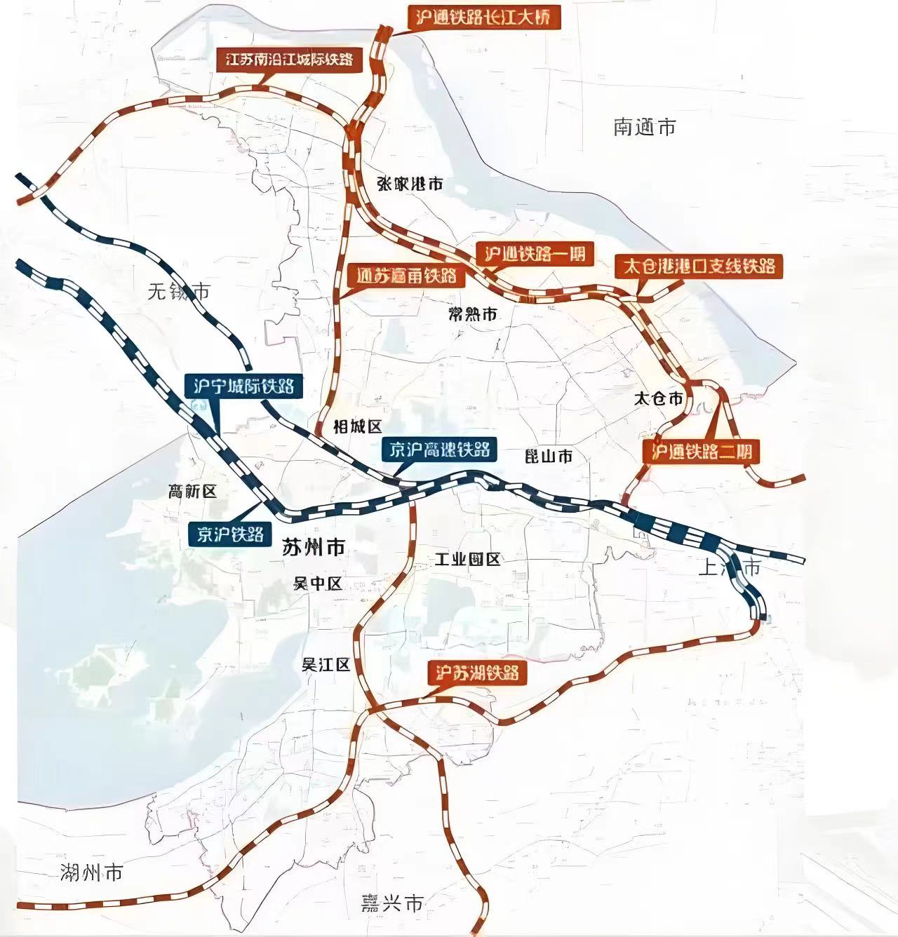 为此,苏州近几年通过苏嘉甬高铁,向南连接嘉兴和宁波;又通过沪苏湖