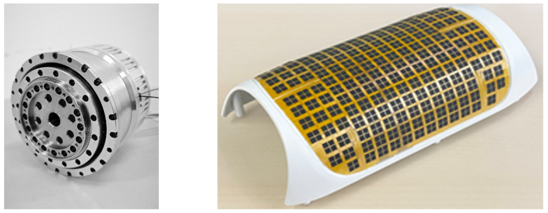 【左】大扭矩密度的执行器【右】大面积曲面触觉皮肤