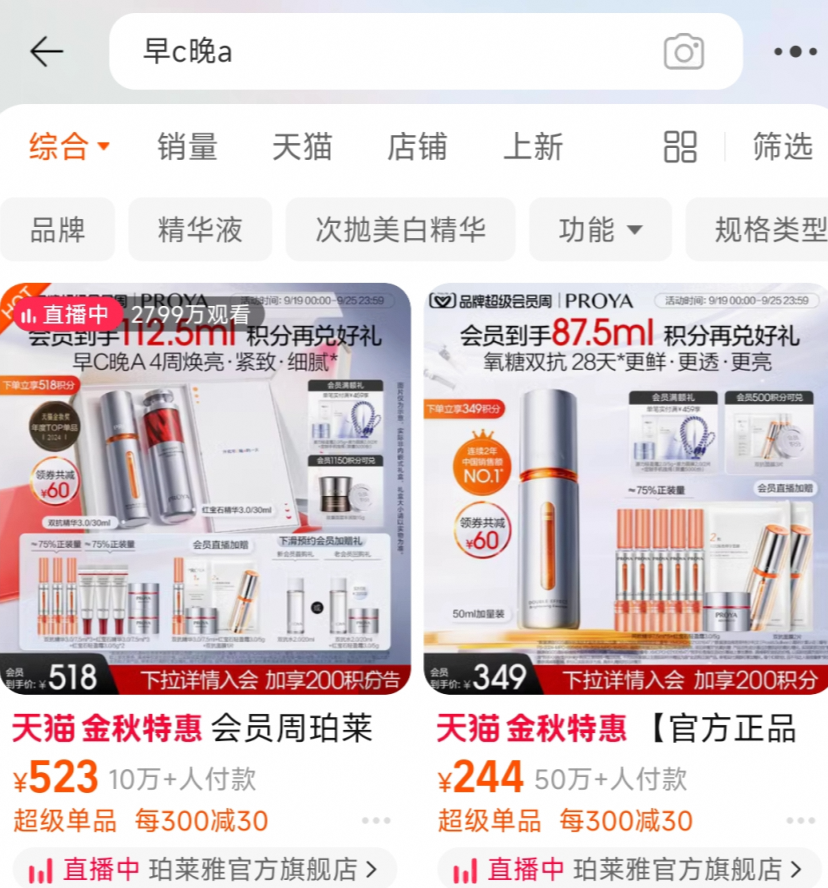 在淘宝搜“早C晚A”，出现的就是珀莱雅的大单品